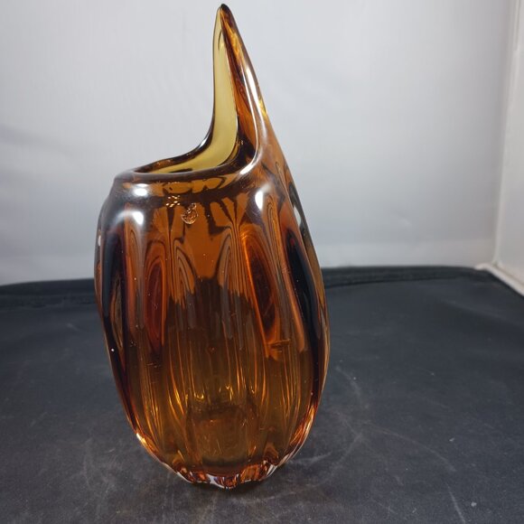 Vintage Swung Glass Vase Murano Style Amber - Picture 2 of 9